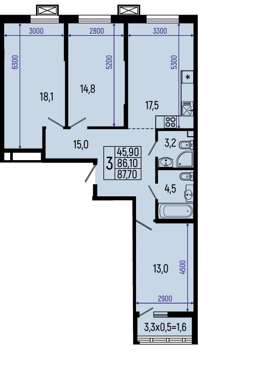 Планировка 3-комнатной квартиры 87.7 м² в ЖК Звёзды, г. Майкоп — фото 1