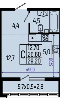 Планировка студии квартиры 29.2 м² в ЖК Звёзды, г. Майкоп — фото 1