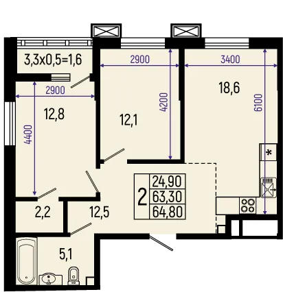 Планировка 2-комнатной квартиры 64.8 м² в ЖК Звёзды, г. Майкоп — фото 1