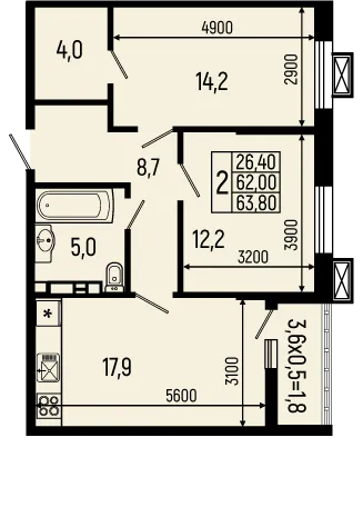 Планировка 2-комнатной квартиры 63.8 м² в ЖК Звёзды, г. Майкоп — фото 1