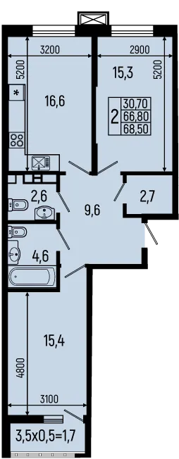 Планировка 2-комнатной квартиры 68.5 м² в ЖК Звёзды, г. Майкоп — фото 1