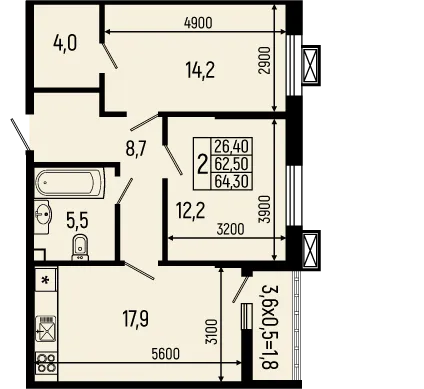 Планировка 2-комнатной квартиры 64.3 м² в ЖК Звёзды, г. Майкоп — фото 1