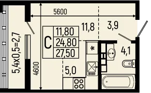 Планировка студии квартиры 27.5 м² в ЖК Звёзды, г. Майкоп — фото 1