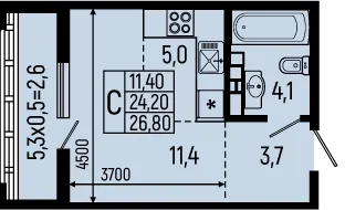 Планировка студии квартиры 26.8 м² в ЖК Звёзды, г. Майкоп — фото 1