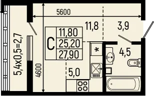 Планировка студии квартиры 27.9 м² в ЖК Звёзды, г. Майкоп — фото 1