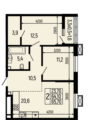 Планировка 2-комнатной квартиры 65.7 м² в ЖК Звёзды, г. Майкоп — фото 1
