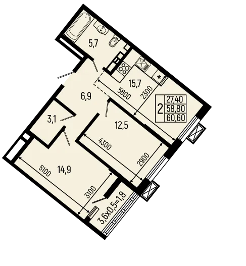Планировка 2-комнатной квартиры 60.6 м² в ЖК Звёзды, г. Майкоп — фото 1