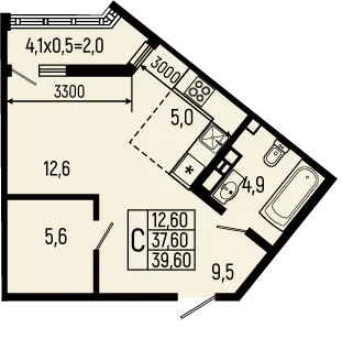 Планировка студии квартиры 39.6 м² в ЖК Звёзды, г. Майкоп — фото 1