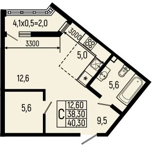 Планировка студии квартиры 40.3 м² в ЖК Звёзды, г. Майкоп — фото 1