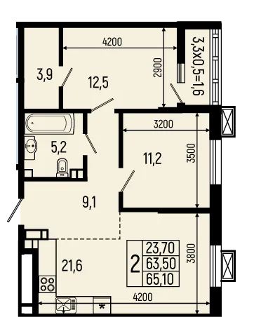 Планировка 2-комнатной квартиры 65.1 м² в ЖК Звёзды, г. Майкоп — фото 1
