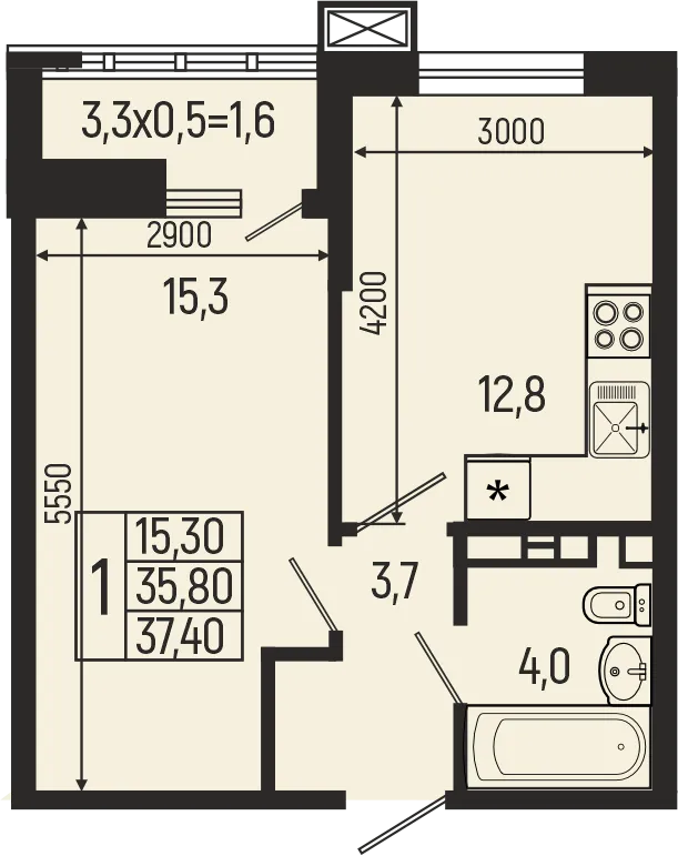 Планировка 1-комнатной квартиры 37.4 м² в ЖК Звёзды, г. Майкоп — фото 1