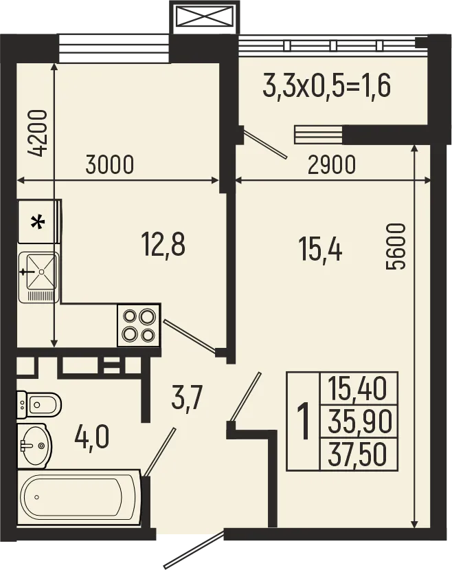 Планировка 1-комнатной квартиры 37.5 м² в ЖК Звёзды, г. Майкоп — фото 1