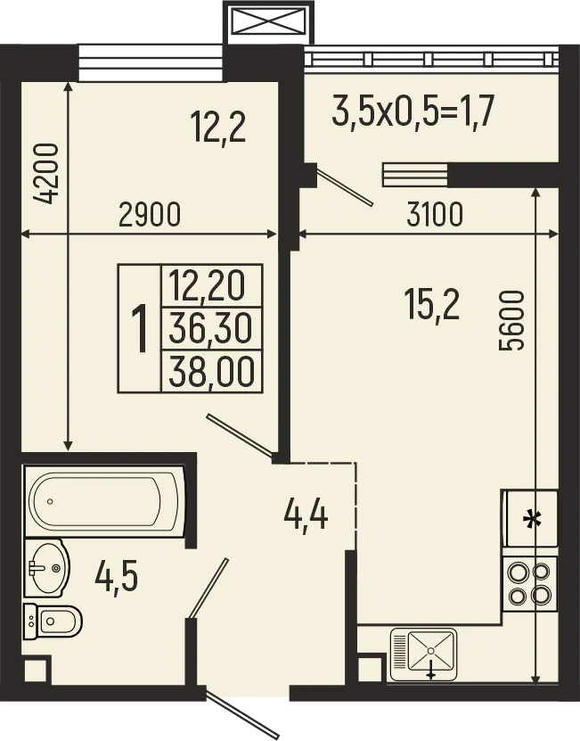 Планировка 1-комнатной квартиры 38 м² в ЖК Звёзды, г. Майкоп — фото 2