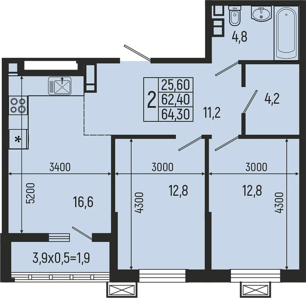 Планировка 2-комнатной квартиры 64.3 м² в ЖК Звёзды, г. Майкоп — фото 2