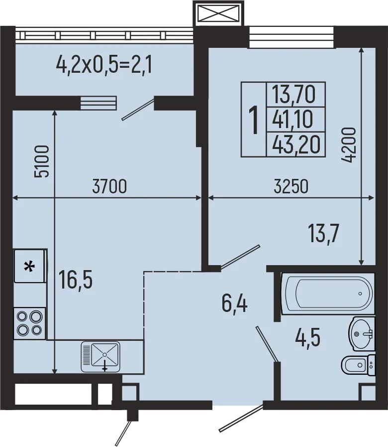 Планировка 1-комнатной квартиры 43.2 м² в ЖК Звёзды, г. Майкоп — фото 2