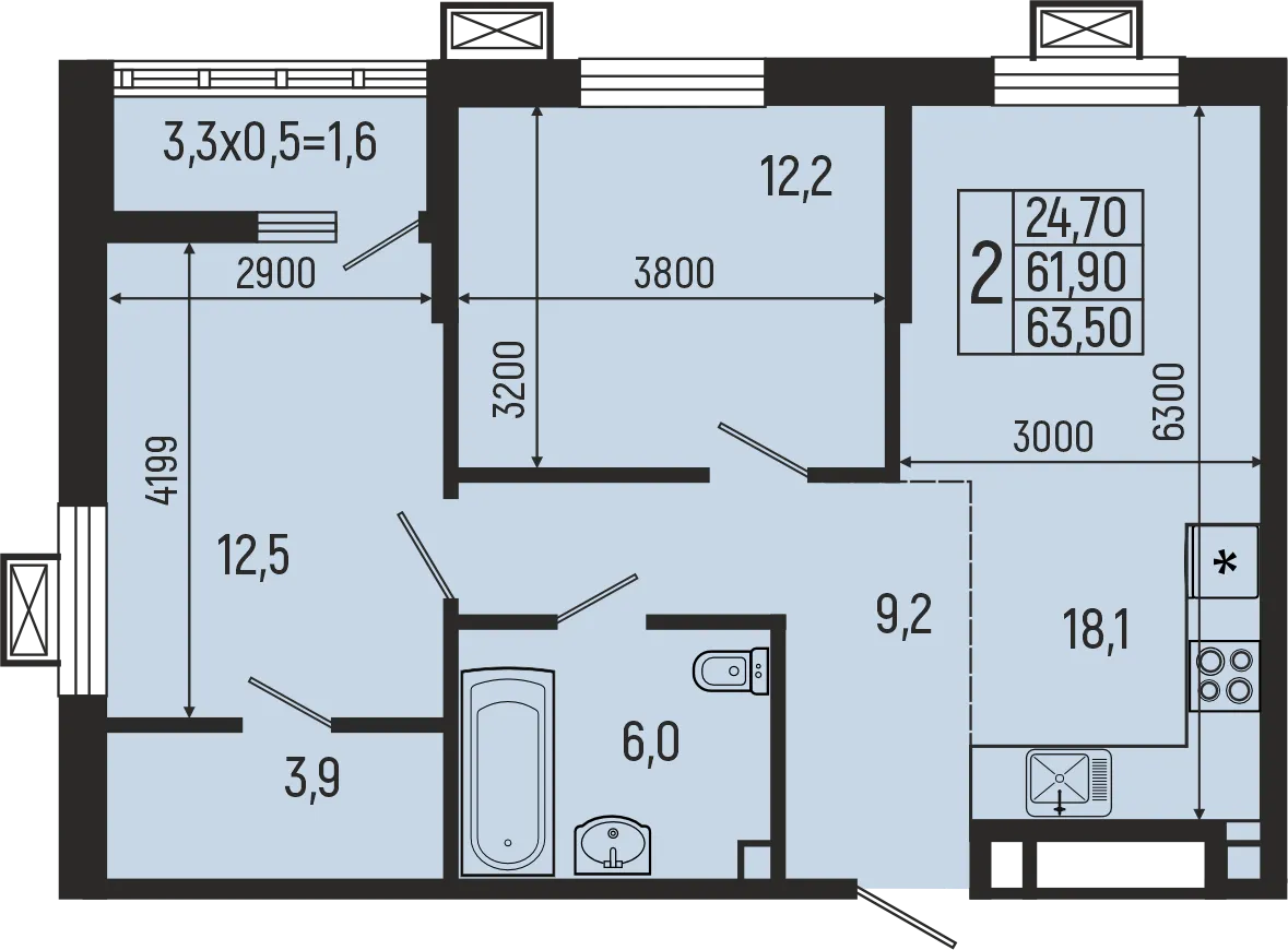 Планировка 2-комнатной квартиры 63.5 м² в ЖК Звёзды, г. Майкоп — фото 2
