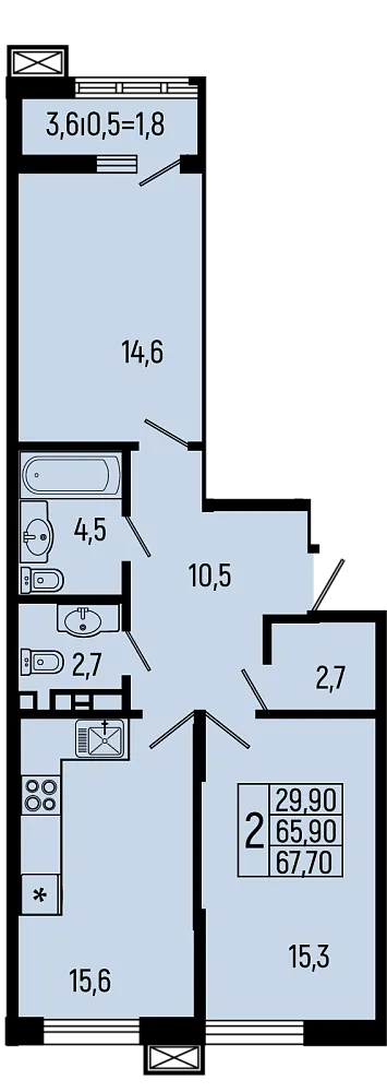 Планировка 2-комнатной квартиры 67.7 м² в ЖК Звёзды, г. Майкоп — фото 1
