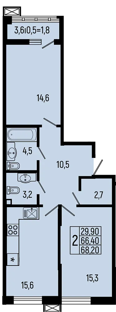 Планировка 2-комнатной квартиры 68.2 м² в ЖК Звёзды, г. Майкоп — фото 1