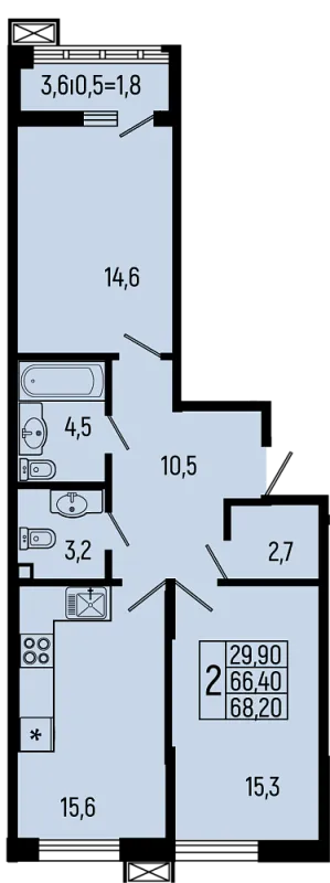Планировка 2 комн. в ЖК Звёзды
