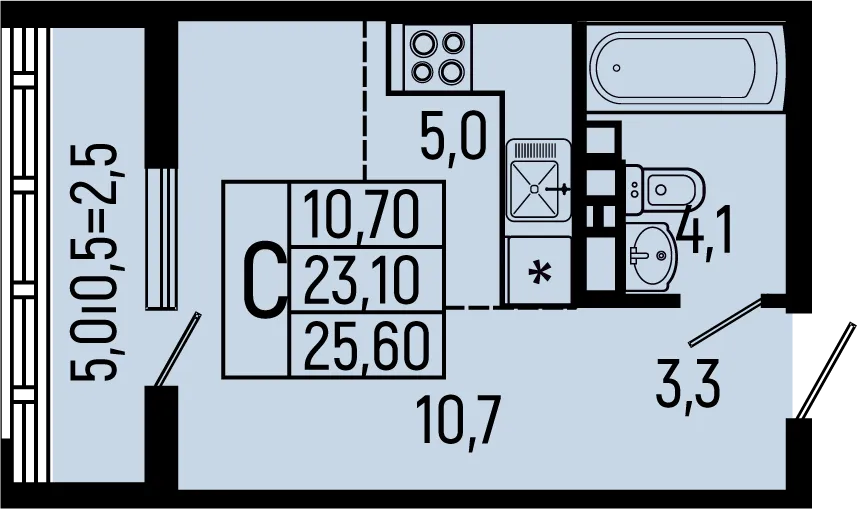 Планировка студии квартиры 25.6 м² в ЖК Звёзды, г. Майкоп — фото 1