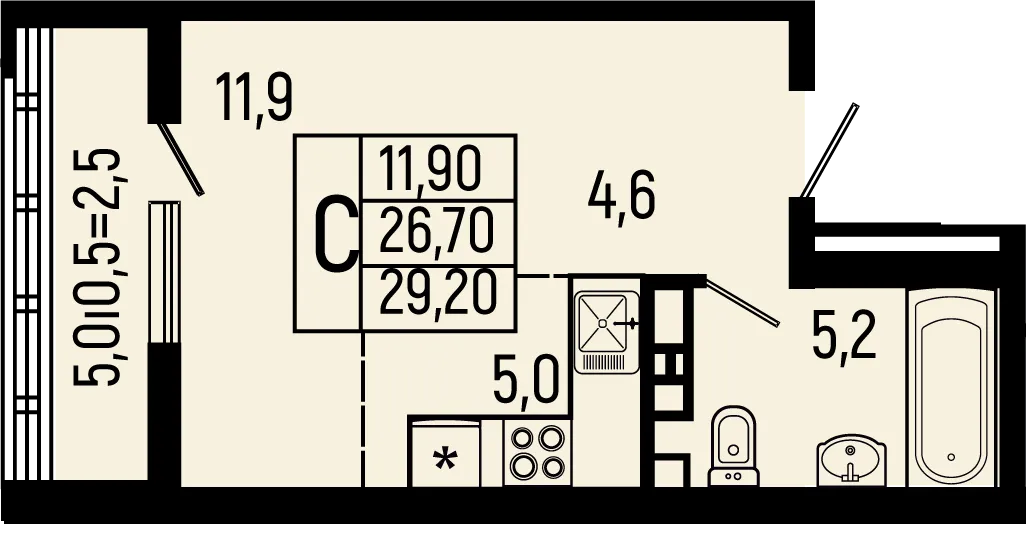 Планировка студии квартиры 29.2 м² в ЖК Звёзды, г. Майкоп — фото 1