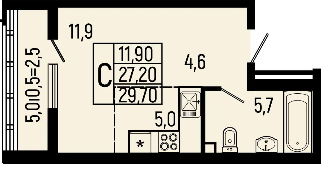 Планировка студии квартиры 29.7 м² в ЖК Звёзды, г. Майкоп — фото 1