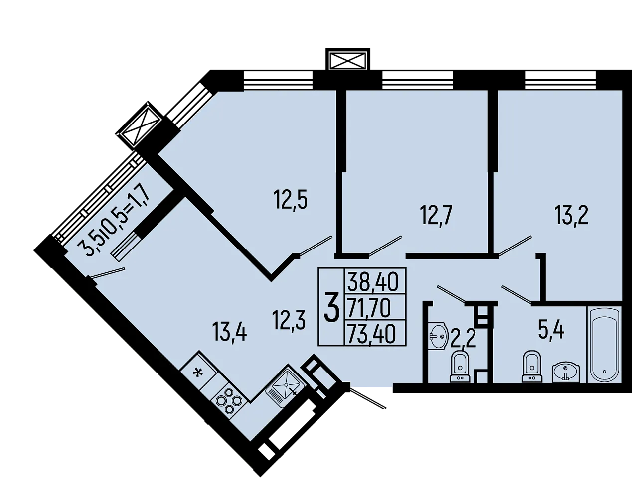 Планировка 3-комнатной квартиры 73.4 м² в ЖК Звёзды, г. Майкоп — фото 1
