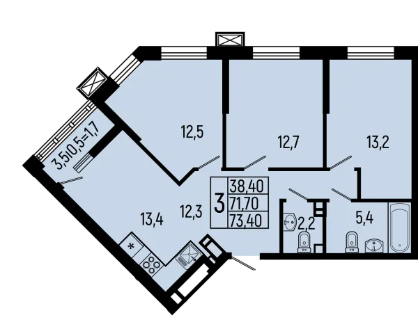 Планировка 3 комн. в ЖК Звёзды