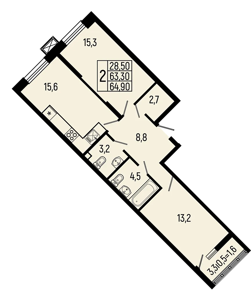 Планировка 2-комнатной квартиры 64.9 м² в ЖК Звёзды, г. Майкоп — фото 1