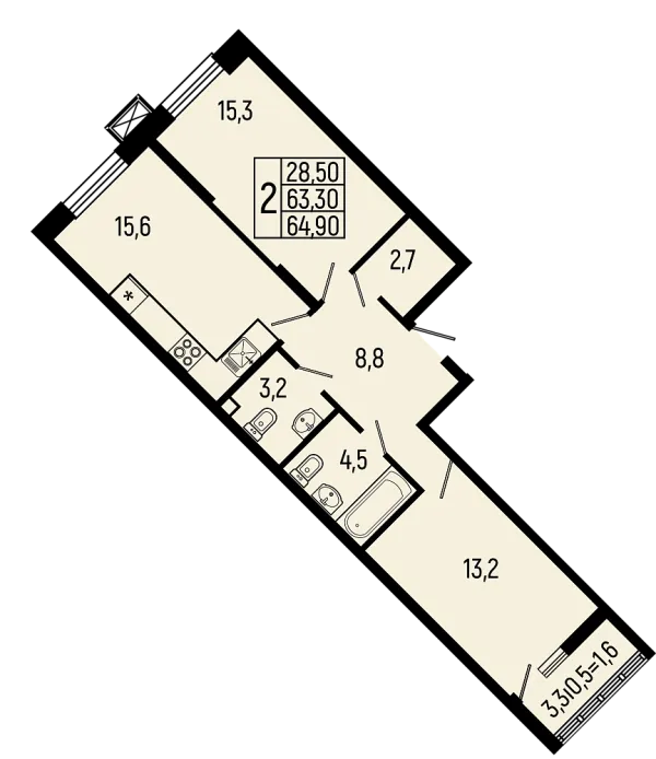 Планировка 2 комн. в ЖК Звёзды