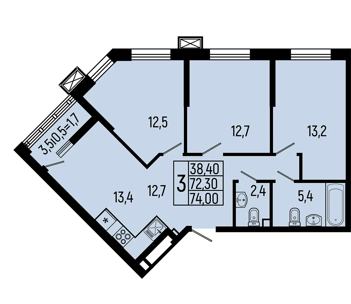 Планировка 3-комнатной квартиры 74 м² в ЖК Звёзды, г. Майкоп — фото 1