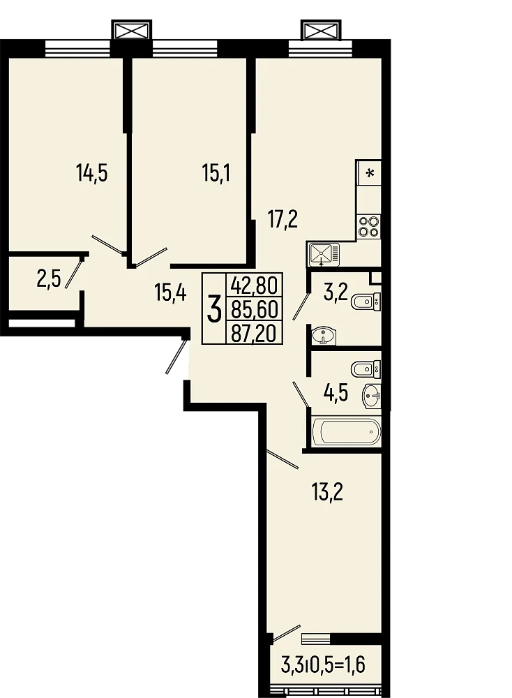 Планировка 3-комнатной квартиры 87.2 м² в ЖК Звёзды, г. Майкоп — фото 1