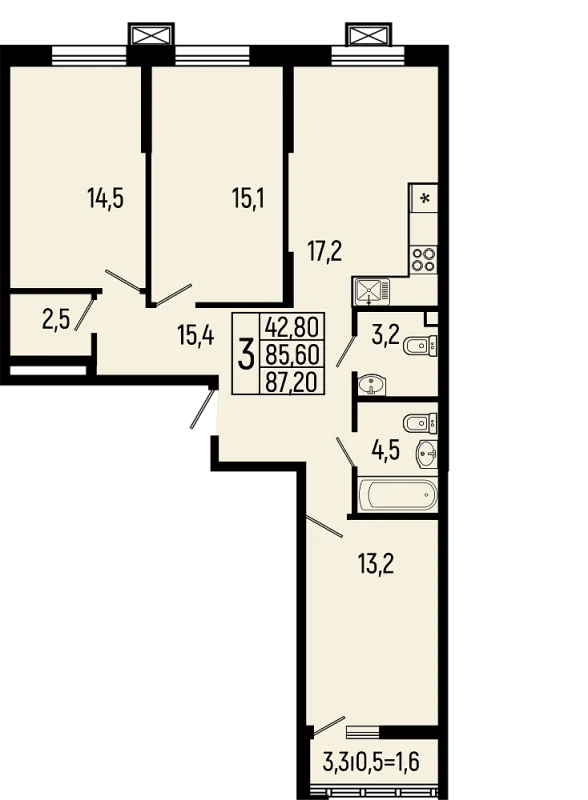 Планировка 3 комн. в ЖК Звёзды