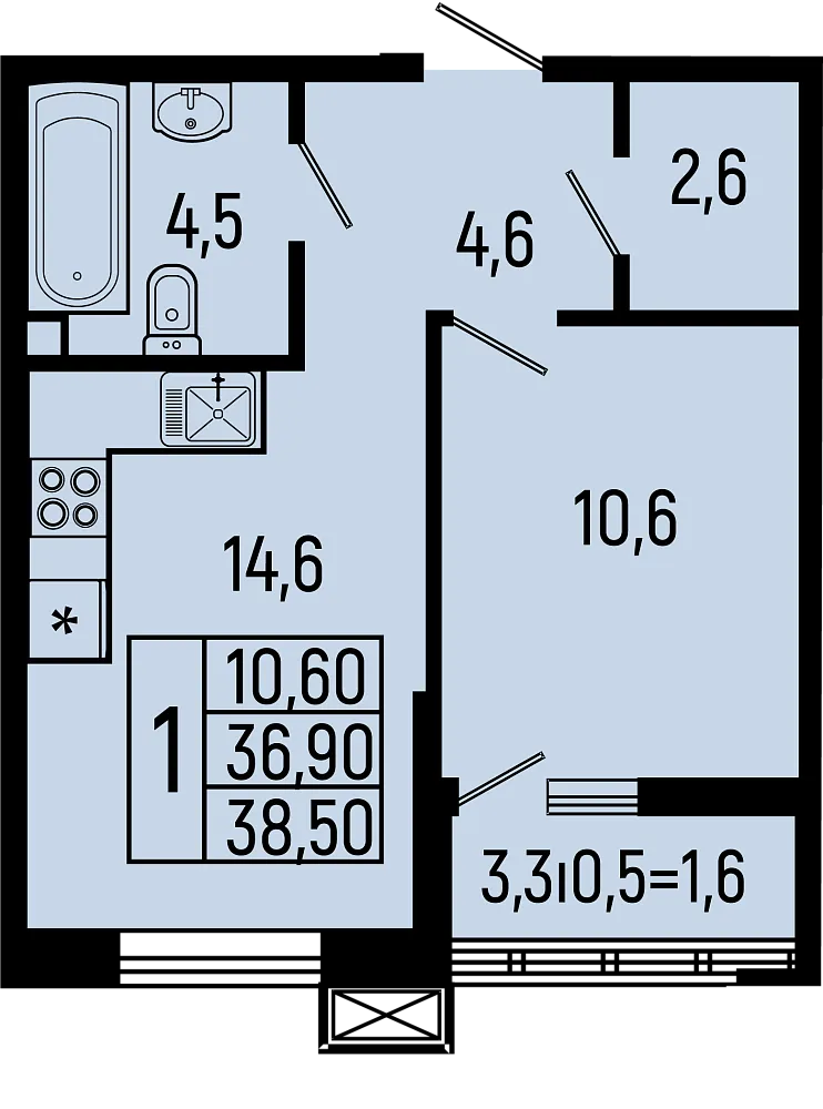 Планировка 1-комнатной квартиры 38.5 м² в ЖК Звёзды, г. Майкоп — фото 1