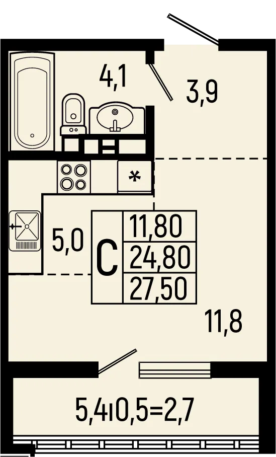 Планировка студии квартиры 27.5 м² в ЖК Звёзды, г. Майкоп — фото 1