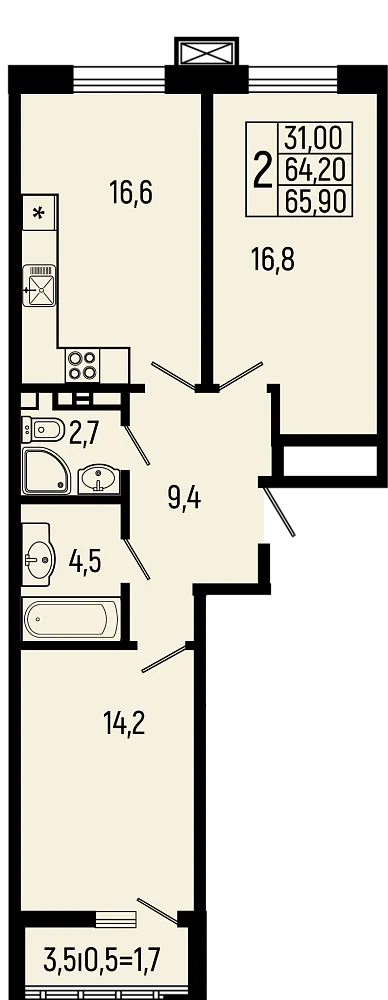 Планировка 2-комнатной квартиры 65.9 м² в ЖК Звёзды, г. Майкоп — фото 1