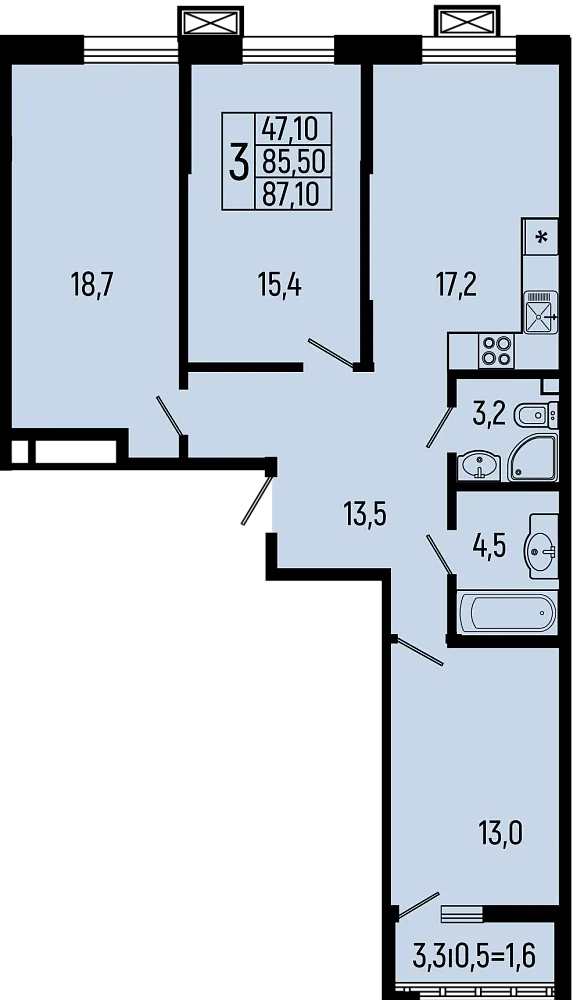 Планировка 3-комнатной квартиры 87.1 м² в ЖК Звёзды, г. Майкоп — фото 1