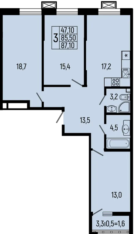 Планировка 3 комн. в ЖК Звёзды