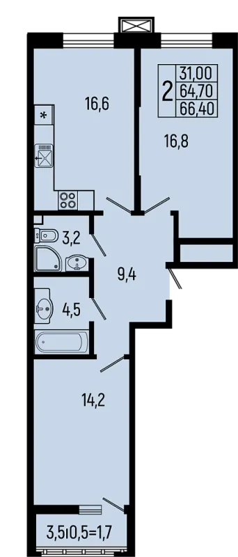 Планировка 2 комн. в ЖК Звёзды