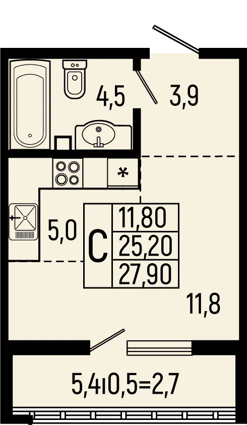 Планировка студии квартиры 27.9 м² в ЖК Звёзды, г. Майкоп — фото 1