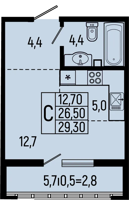 Планировка студии квартиры 29.3 м² в ЖК Звёзды, г. Майкоп — фото 1
