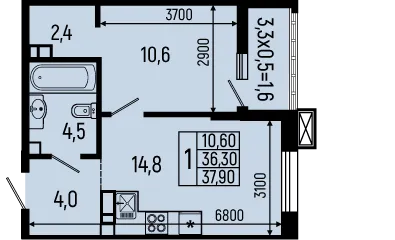 Планировка 1-комнатной квартиры 37.9 м² в ЖК Звёзды, г. Майкоп — фото 1