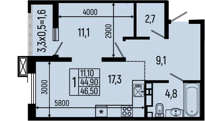 Планировка 1-комнатной квартиры 46.5 м² в ЖК Звёзды, г. Майкоп — фото 1