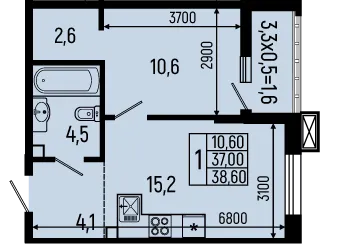 Планировка 1-комнатной квартиры 38.6 м² в ЖК Звёзды, г. Майкоп — фото 1
