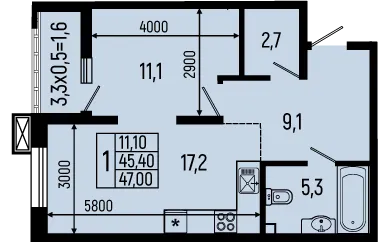 Планировка 1-комнатной квартиры 47 м² в ЖК Звёзды, г. Майкоп — фото 1