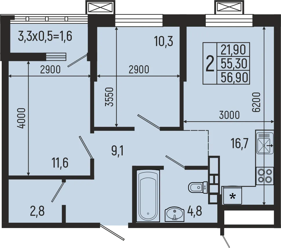 Планировка 2-комнатной квартиры 56.9 м² в ЖК Звёзды, г. Майкоп — фото 2