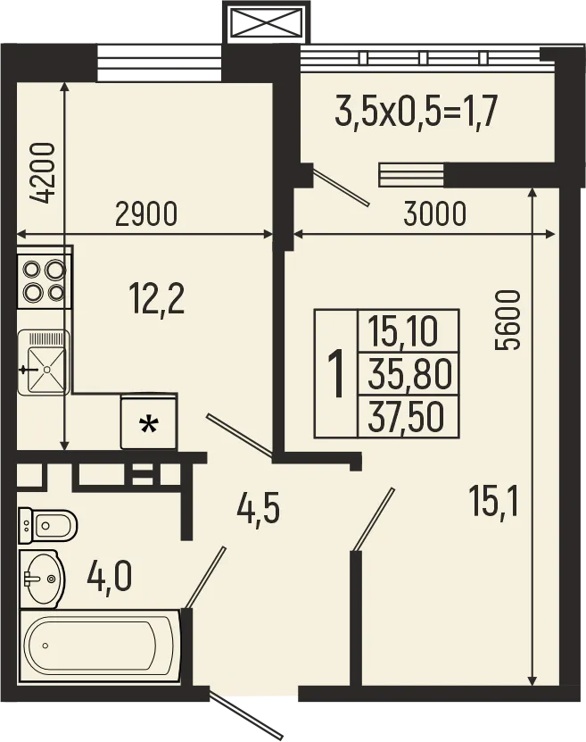 Планировка 1-комнатной квартиры 37.4 м² в ЖК Звёзды, г. Майкоп — фото 1