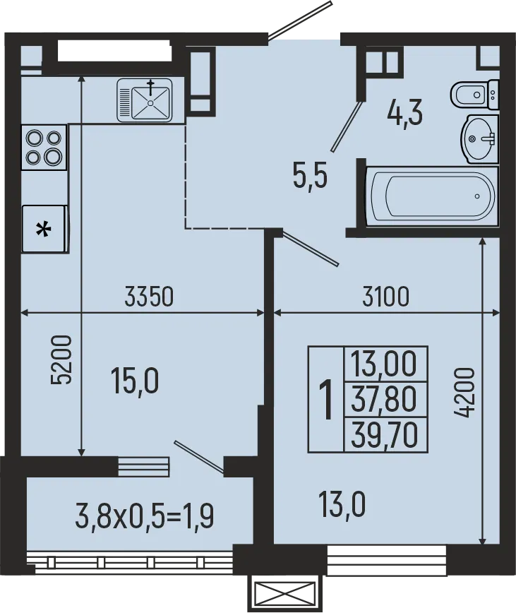 Планировка 1-комнатной квартиры 39.7 м² в ЖК Звёзды, г. Майкоп — фото 1