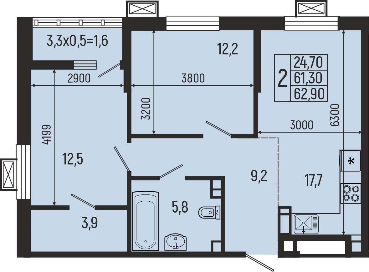 Планировка 2-комнатной квартиры 62.9 м² в ЖК Звёзды, г. Майкоп — фото 2