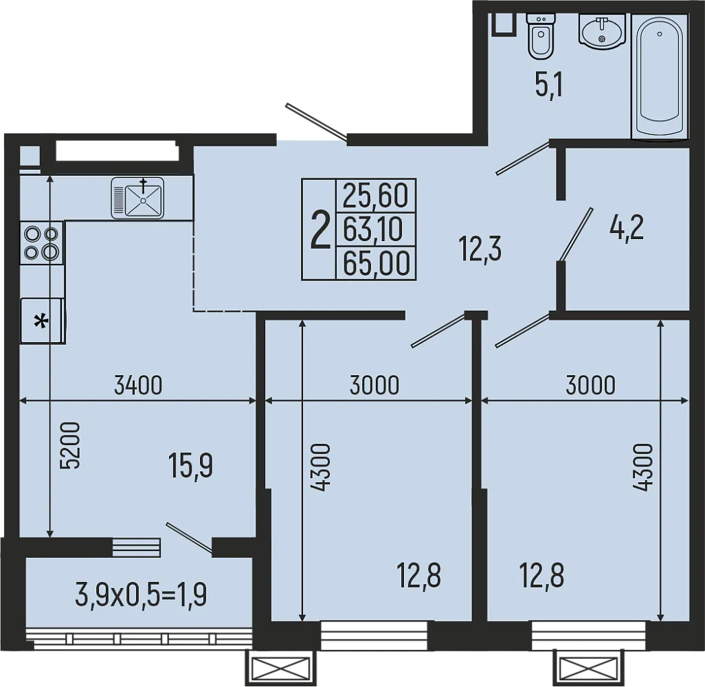 Планировка 2-комнатной квартиры 65 м² в ЖК Звёзды, г. Майкоп — фото 2